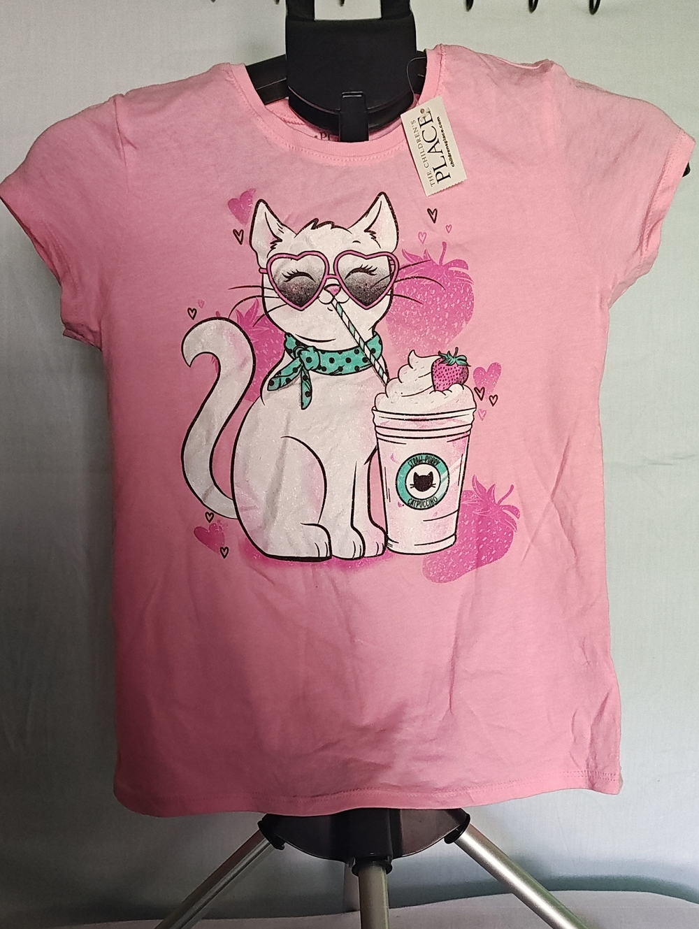 The Children's Place Pink Cat & Milkshake Graphic Tee with Teal Scarf